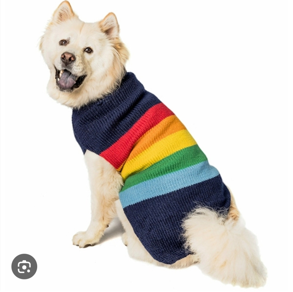 New! Chilly Dog Rainbow Striped Navy Wool Dog Sweater Size M